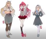  3girls baobhan_sith_(fate) barghest_(fate) black_serafuku black_shirt black_skirt blonde_hair blush bow bowtie breasts brown_pantyhose cellphone collared_shirt crossed_arms earrings fate/grand_order fate_(series) forked_eyebrows full_body green_eyes grey_eyes grey_jacket grey_shirt hairband heterochromia high_ponytail highres horns jacket jewelry kneehighs large_breasts loafers long_hair long_sleeves looking_at_viewer low_twintails medium_breasts melusine_(fate) multiple_girls neckerchief necktie pantyhose pencil_skirt phone pink_hair platform_footwear pointy_ears rae_8kaku red_eyes red_skirt sailor_collar school_uniform serafuku shirt shoes short_sleeves sidelocks skirt small_breasts smile socks tongue tongue_out twintails white_hair white_pantyhose white_sailor_collar yellow_eyes 
