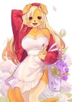  1girl animal_ears animal_nose arm_behind_head bag blonde_hair borrowed_character breasts cardigan cleavage dog_ears dog_girl dog_tail dress droopy_ears english_commentary etivka floral_background flower furry furry_female handbag hat highres large_breasts long_hair looking_at_viewer open_cardigan open_clothes open_mouth original pawpads purple_nails red_cardigan red_eyes red_headwear rose solo tail thighhighs v violet_(flower) white_background white_dress white_flower white_rose white_thighhighs 