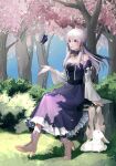  1girl absurdres animal bare_shoulders boots breasts brown_footwear bug butterfly commentary_request detached_collar detached_sleeves dress fire_emblem fire_emblem:_three_houses floating_hair forest grass hair_between_eyes high_heel_boots high_heels highres lips long_hair lysithea_von_ordelia medium_breasts nature parted_lips pave petals pink_eyes pink_lips purple_butterfly purple_dress rabbit sitting tree veil white_hair white_sleeves 