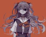  1girl bangs black_choker blue_eyes choker closed_mouth dango_(uni_520) empty_eyes expressionless eyepatch grey_skirt grey_vest highres limited_palette long_hair looking_up neck_ribbon neon_genesis_evangelion orange_background orange_ribbon rebuild_of_evangelion ribbon school_uniform shirt short_sleeves simple_background skirt solo souryuu_asuka_langley tokyo-3_middle_school_uniform two_side_up vest white_shirt 