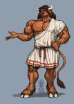 anthro armband big_muscles blue_eyes bovid bovine bracelet brown_body brown_fur brown_hair brown_nose cloth_belt clothed clothing cloven_hooves european_mythology fur greek_mythology hair hand_on_hip hi_res hooves horn huge_muscles iason_avarta jewelry looking_aside male mammal minotaur muscular muscular_anthro mythology nipples ser_halo smile solo standing tail tail_tuft teeth toga tuft
