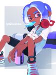  .96_gal_(splatoon) 1boy bike_shorts border can collared_shirt dark-skinned_male dark_skin drink_can food food_in_mouth headphones headphones_around_neck highres holding holding_can leaning_on_weapon looking_to_the_side male_focus medium_hair mominoki_16 mouth_hold octoling octoling_boy octoling_player_character outside_border popsicle popsicle_in_mouth purple_hair red_eyes red_headphones shirt shorts sitting solo splatoon_(series) splatoon_3 suction_cups tentacle_hair white_border white_shirt 