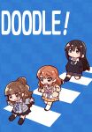  3girls amaiwashi black_hair black_socks blue_background blunt_bangs blush bow bowtie braid braided_bangs brown_hair checkered_background chibi chibi_only commentary_request diagonal-striped_bow diagonal-striped_bowtie diagonal-striped_clothes diagonal-striped_necktie english_text full_body grin hair_bun hojo_karen idolmaster idolmaster_cinderella_girls kamiya_nao kneehighs long_hair looking_ahead looking_up multiple_girls necktie orange_hair outstretched_arms school_uniform shibuya_rin single_hair_bun smile socks straight_hair striped_clothes triad_primus_(idolmaster) very_long_hair walking white_socks 