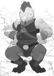 anthro avian bird bulge chicken chicken_dance crouching epic_games fortnite galliform gallus_(genus) huge_eyes male masshiro monochrome phasianid silly_face solo tender_defender