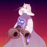 2024 anthro boss_monster_(undertale) bovid caprine clothed clothing eyebrows eyelashes female flamethrower fur goat hi_res horn komm64 mammal open_mouth ranged_weapon red_eyes solo toriel undertale_(series) weapon white_body white_fur