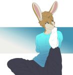 alpha_channel anthro biped black_bottomwear black_clothing black_pants blue_clothing blue_shirt blue_topwear bottomwear brown_body brown_fur clothed clothing countershade_face countershade_fur countershading fur hi_res lagomorph leporid male mammal munkeesgomu pants rabbit shirt solo topwear