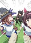  1boy 3girls araragi_koyomi buruma commentary_request grass hair_ornament hair_over_one_eye hat hayakawa_tazuna headband horse_girl long_hair monogatari_(series) motion_lines multiple_girls nishino_flower_(umamusume) pc_fworks running scared short_hair sweep_tosho_(umamusume) umamusume white_background witch_hat x_hair_ornament 