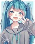  1girl :d absurdres blue_background blue_eyes blue_hair blue_nails blush border drawstring grey_sailor_collar grey_shirt hand_up hatsune_miku head_tilt highres long_hair long_sleeves looking_at_viewer mai_mugi nail_polish open_mouth outside_border portrait sailor_collar shirt sidelocks signature simple_background smile solo twintails vocaloid w white_border 