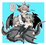  3boys ahoge aqua_hair artist_name black_horns black_scales black_vest blush collarbone curled_horns dragon_boy dragon_horns dragon_tail dragon_wings dress_shirt fang fate/apocrypha fate_(series) flying_sweatdrops grey_hair hair_intakes haoro highres horns light_blue_background messy_hair multiple_boys multiple_persona open_mouth partially_unbuttoned shirt short_hair sieg_(fate) signature skin_fang speech_bubble spiked_tail tail talking unbuttoned unbuttoned_shirt vest waistcoat wings 