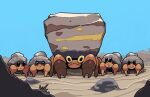  claws closed_mouth commentary_request crustle day desert dwebble frown gogot highres looking_at_viewer no_humans outdoors pokemon pokemon_(creature) rock sand sky 