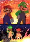 2boys ass blue_eyes blue_overalls brothers commentary explosion facial_hair gloves green_headwear hand_on_headwear highres luigi male_focus mario mario_(series) multiple_boys multiple_views mustache overalls p_on_kome red_headwear siblings white_gloves 