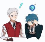  ! 2boys black_jacket black_ribbon blue_eyes blue_hair closed_mouth collared_shirt gekkoukan_high_school_uniform gloves grey_eyes grey_hair jacket long_sleeves male_focus multiple_boys neck_ribbon persona persona_3 persona_3_reload red_sweater_vest ribbon sanada_akihiko school_uniform shirt simple_background smiley_face sweater_vest upper_body white_background white_shirt yaoi yuu_(yuuka_8018) yuuki_makoto_(persona_3) 