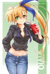  1girl aged_up arm_behind_back bendy_straw black_shirt blonde_hair blue_pants blue_ribbon blush breasts character_name cleavage cup denim disposable_cup drinking_straw green_eyes hair_between_eyes hair_ribbon heterochromia highres holding holding_cup jeans large_breasts long_hair looking_at_viewer loose_necktie lyrical_nanoha mahou_shoujo_lyrical_nanoha_vivid midriff navel necktie pants red_eyes ribbon san-pon shirt side_ponytail solo twitter_username very_long_hair vivio 