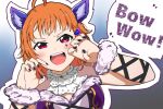  1girl ahoge animal_ears claw_pose commentary_request dress english_text fang fur_bracelet highres liz_(piyoko_piyop) looking_at_viewer love_live! love_live!_school_idol_festival_all_stars love_live!_sunshine!! open_mouth orange_hair outline purple_dress purple_nails red_eyes short_hair solo takami_chika upper_body v-shaped_eyebrows white_outline wolf_ears 
