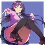  1girl black_panties black_thighhighs blue_background blush brown_footwear clenched_teeth duke_(inu_daimyou) green_eyes green_necktie loafers long_sleeves looking_at_viewer love_live! love_live!_school_idol_project low_twintails necktie panties petals pink_sweater_vest purple_hair school_uniform shoes simple_background sleeves_past_wrists smile solo striped_necktie sweater_vest teeth thighhighs tojo_nozomi twintails underwear 