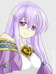  1girl bare_shoulders cape circlet dress fire_emblem fire_emblem:_genealogy_of_the_holy_war julia_(fire_emblem) long_hair looking_at_viewer purple_cape purple_eyes purple_hair simple_background smile solo yukia_(firstaid0) 