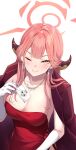  1girl aru_(blue_archive) aru_(dress)_(blue_archive) blue_archive blush breasts brown_coat brown_horns cleavage closed_mouth coat coat_on_shoulders demon_horns dress earrings gloves halo horns jewelry large_breasts long_hair merxkialis necklace official_alternate_costume one_eye_closed pink_hair pink_halo red_dress simple_background smile solo upper_body white_background white_gloves yellow_eyes 