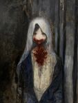  1girl arms_at_sides black_hair blood blood_on_clothes blood_on_face blue_robe closed_mouth dark dawn forest highres horror_(theme) jiz_(pffbq) looking_at_viewer nature original painting_(medium) robe short_hair solo traditional_media tree vampire veil 