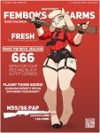 anthro blush blush_lines bovid bulge caprine clothed clothing collar english_text floppy_ears fur girly gloves goat gun handwear hi_res hooves horizontal_pupils horn lop_ears male mammal marcus_gray necktie pupils qr_code ranged_weapon simple_background solo tail text thick_thighs tongue tongue_out weapon white_body white_fur