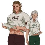  1boy 1girl akdrpa baldur&#039;s_gate baldur&#039;s_gate_3 bara brown_hair character_request clothes_lift clothes_writing cowboy_shot dark-skinned_male dark_skin dungeons_and_dragons elf hairy halsin height_difference lifted_by_self mature_female mature_male medium_hair midriff_peek muscular muscular_male navel_hair parody pectorals pointy_ears shirt shirt_lift side-by-side standing t-shirt thick_eyebrows white_hair 