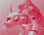  artist_name blurry digimon digimon_(creature) dilated_pupils dinosaur fangs from_side guilmon monochrome notaventura red_theme tail upper_body 