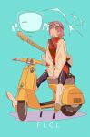  1girl aqua_background bass_guitar blonde_hair boots expressionless flcl full_body goggles goggles_on_head haruhara_haruko highres instrument jacket looking_at_viewer motor_vehicle on_scooter pink_hair rickenbacker_4001 scooter semham short_hair solo vespa 