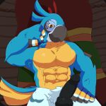abs accessory anthro armpit_hair avian beak bird blue_body body_hair breath_of_the_wild genitals hi_res kass_(tloz) looking_at_viewer looking_seductive male muscular muscular_male nintendo pecs penis rito shrouded_tiger solo tail the_legend_of_zelda tuft yellow_body yellow_eyes