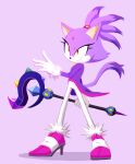  1girl animal_ears blaze_the_cat cat_ears cat_girl cat_tail forehead_jewel fur-trimmed_footwear fur-trimmed_gloves fur_trim furry furry_female gloves high_heels highres jacket jeweled_scepter pants pink_footwear purple_background purple_jacket siggiedraws simple_background sonic_(series) tail white_gloves white_pants yellow_eyes 