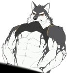 abs anthro black_and_white_fur blush canid canine canis clothed clothing clothing_lift domestic_dog embarrassed green_eyes husky lifewonders live_a_hero male mammal monomasa muscular muscular_anthro nikukyu299paw nordic_sled_dog pecs red_sclera shirt shirt_lift solo spitz tank_top topwear
