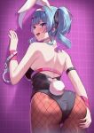  1girl absurdres animal_ears arm_strap ass ass_focus bare_shoulders black_leotard blue_eyes blue_hair blush breasts clothing_cutout colored_inner_hair cowboy_shot cuffs detached_collar fake_animal_ears fake_tail fishnet_pantyhose fishnets from_behind hair_ornament handcuffs hatsune_miku heart heart-shaped_pupils heart_cutout highres leotard long_hair looking_at_viewer looking_back medium_breasts multicolored_hair open_mouth pantyhose pendora1022 pink_hair pink_nails playboy_bunny rabbit_ears rabbit_hole_(vocaloid) rabbit_tail solo standing sweat symbol-shaped_pupils tail tile_wall tiles twintails vocaloid x_hair_ornament 