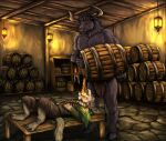 absurd_res alcohol ale_(drink) anthro barrel beer beverage blue_eyes bottomwear bovid bovine canid canine canis cloak clothing diaconious drinking duo european_mythology force_feeding forced furniture greek_mythology hi_res homebrew inn inside lamp lantern leather leather_clothing loincloth lying male mammal minotaur minotaur_march mythology on_back open_mouth red_eyes storage_room table warm_lighting wolf wood wood_furniture wood_table yenocwolf yggdrasill_(homebrew)