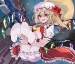  1girl ascot bekku blonde_hair bloomers cloud collar collared_shirt commentary_request crystal_wings fang feet flandre_scarlet floating_hair flying frilled_collar frilled_headwear frilled_skirt frilled_sleeves frilled_socks frilled_wrist_cuffs frills full_body full_moon hair_between_eyes hat hat_ribbon highres hugging_own_legs knees_up long_hair looking_at_viewer mob_cap moon multicolored_wings night night_sky open_mouth pointy_ears puffy_short_sleeves puffy_sleeves red_eyes red_ribbon red_skirt red_vest ribbon shirt short_sleeves side_ponytail skirt sky smile socks solo toes touhou vest white_bloomers white_headwear white_shirt white_socks wings wrist_cuffs yellow_ascot 