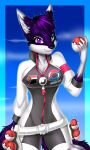 2023 absurd_res anthro belt big_breasts bodysuit breasts canid canine clothed clothing constellation_markings costume digital_drawing_(artwork) digital_media_(artwork) dipstick_tail english_text female fox fur gloves_(marking) heterochromia hi_res holding_object looking_at_viewer mammal markings multi_tail nintendo pokeball pokemon pokemon_trainer purple_body purple_fur signature skinsuit sky_background smile solo sparkles starry_hair tail tail_markings tanti text tight_clothing trans_(lore) xmagickx zipper
