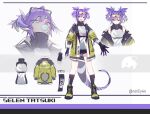  absurdres bike_shorts character_name chewing_gum closed_mouth dragoon_(selen_tatsuki) eyewear_on_head fang fingerless_gloves gloves head_wings heterochromia highres jacket looking_at_viewer multiple_views nijisanji nijisanji_en notcy4n open_clothes open_jacket open_mouth purple_hair selen_tatsuki shoes short_hair skin_fang smile sunglasses twintails twitter_username white_background wings yellow_footwear yellow_jacket 