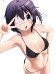  1girl :o absurdres ahoge bikini black_bikini blush chuunibyou_demo_koi_ga_shitai! collarbone eyepatch green_eyes hand_on_own_hip highres looking_at_viewer medical_eyepatch medium_hair navel shiny_skin simple_background solo swimsuit takanashi_rikka v_over_eye white_background yumeto_(ym-1) 