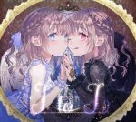  2girls album_cover black_dress black_ribbon blue_dress blue_eyes blue_ribbon braid brown_hair cover crown_braid dress fang from_side haduki_tohru hair_behind_ear hair_ribbon highres holding_hands jewelry long_hair looking_at_viewer multiple_girls one_eye_closed original pink_eyes ribbon ring skin_fang smile tongue tongue_out 