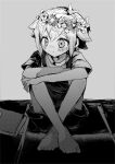  1boy antenna_hair barefoot basil_(headspace)_(omori) basil_(omori) book closed_mouth crossed_arms elbow_on_knee fjsk flower greyscale hair_between_eyes hand_on_own_knee head_wreath highres knees_apart_feet_together knees_up leaf looking_ahead monochrome omori on_floor overall_shorts overalls short_hair short_sleeves sitting smile solo 
