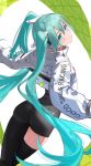  1girl ass ass_focus black_bodysuit black_thighhighs blue_eyes blue_hair blush bodysuit closed_mouth collared_jacket cowboy_shot cropped_jacket dutch_angle floating_hair from_behind hair_between_eyes hatsune_miku head_tilt highres jacket legs_together long_hair long_sleeves looking_at_viewer looking_back nima_(niru54) racing_miku racing_miku_(2022) racing_suit sidelocks simple_background single_leg_bodysuit single_thighhigh smile solo thighhighs thighs twintails very_long_hair vocaloid white_background white_jacket 