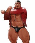  1boy abs bara bare_pectorals black_hair black_male_swimwear facial_hair highres jacket large_pectorals male_focus male_swimwear muscular muscular_male navel nipples open_clothes open_jacket open_mouth original pectorals red_jacket sakuramarusan short_hair smile solo thick_thighs thighs watch whistle whistle_around_neck wristwatch 