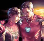  2boys animal_print arc_reactor armor avengers:_endgame avengers_(series) black_bodysuit bodysuit brown_hair closed_eyes english_commentary facial_hair full_armor hand_on_another&#039;s_shoulder hand_up iron_man male_focus marvel marvel_cinematic_universe multicolored_armor multiple_boys outdoors peter_parker power_armor red_armor red_bodysuit redcokk short_hair smile spider-man spider_print spider_web_print standing superhero_costume teeth tony_stark two-tone_bodysuit yellow_armor 