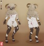 anthro anus bovid breasts butt caprine chest_tuft covered_eyes curled_hair female fur genitals hair hi_res hooves horn jooper mammal medium_breasts model_sheet nipples nude pubes pussy rear_view sheep short_tail solo tail tuft unguligrade wool_(fur)