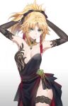  1girl absurdres armpits arms_behind_head arms_up bare_shoulders belly_chain black_dress black_gloves blonde_hair braid breasts bridal_garter collarbone commentary_request dress elbow_gloves fate/apocrypha fate_(series) french_braid gloves green_eyes hair_ribbon highres jewelry long_hair looking_at_viewer mordred_(fate) mordred_(fate/apocrypha) parted_bangs ponytail ribbon sidelocks small_breasts solo tonee variant_set 