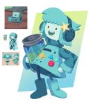  1girl adventure_time aqua_dress aqua_footwear aqua_hair aqua_skin bmo boots can dress hair_ornament headphones highres holding holding_can long_sleeves no_nose open_mouth pichichustudio reference_inset smile solo star_(symbol) star_hair_ornament wide_sleeves 