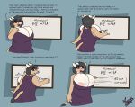anthro big_breasts bovid bovine breasts cleavage cleavage_overflow clothed clothing comic dress female hi_res huge_breasts joanne_(lonnyk) lonnyk mammal nipple_slip physics_equation smudged solo wardrobe_malfunction whiteboard