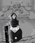 bed black_and_white breasts bulge clothed clothing comic dream duo english_text furniture gynomorph hi_res human humanoid intersex male mammal monochrome nightmare robe sleeping text the_dreamweaver_(ze_blackball.d) ze_blackball.d