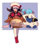  1girl :d arm_support blush border bow brown_eyes brown_hair cabbie_hat grey_background hat hat_bow highres hoothoot invisible_chair long_hair lyra_(pokemon) mareep open_mouth pokemon pokemon_(creature) pokemon_(game) pokemon_hgss red_bow red_footwear shoes sitting smile thighhighs twintails tyako_089 white_border white_headwear white_legwear wooper 