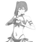  1girl adapted_costume aoi_suzu arm_strap bare_shoulders bikini breasts choker cowboy_shot gloves greyscale hands_up heart heart_hands jitome long_hair looking_at_viewer medium_breasts monochrome navel o-ring o-ring_choker parted_lips side-tie_bikini_bottom side_ponytail simple_background single_glove solo sousou_no_frieren swimsuit ubel_(sousou_no_frieren) white_background 