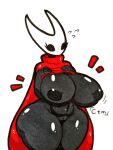 anthro areola arthropod big_breasts black_areola black_body black_eyes black_nipples blush blush_lines breasts cloak_only empty_eyes eyelashes female genitals hand_on_chest hollow_knight hornet_(hollow_knight) huge_breasts insect mr_ctm navel nipples nude pussy red_cloak solo team_cherry thick_thighs white_body wide_hips