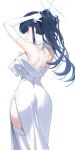  absurdres black_hair blue_archive blue_eyes dress elbow_gloves from_behind gloves halo highres ribbon saori_(blue_archive) saori_(dress)_(blue_archive) sbgu thighhighs three_quarter_view tying_hair white_dress white_ribbon white_thighhighs 