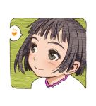  1girl border brown_hair closed_mouth commentary_request green_background hatching_(texture) heart linear_hatching murata_range original portrait shirt short_hair smile solo speech_bubble spoken_heart traditional_media white_border white_shirt 